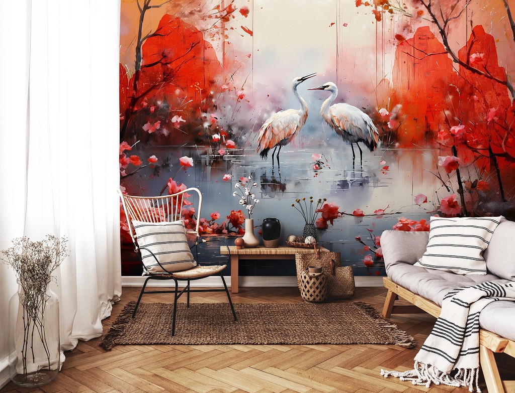 Флизелиновые фотообои на стену птички 254x184 см Розовые белые цапли в пруду на фоне красных гор (14716V4) +клей