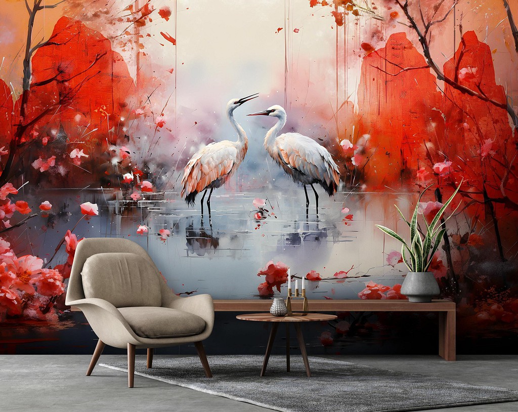 Флизелиновые фотообои на стену птички 312x219 см Розовые белые цапли в пруду на фоне красных гор (14716VEXXL) +клей