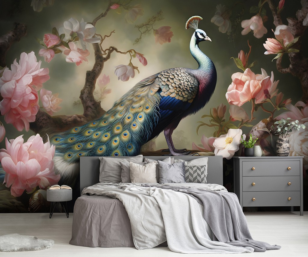 Флизелиновые фотообои птицы 416x254 см Невероятный павлин рядом с нежными лепестками цветов (14721VEXXXL) +клей