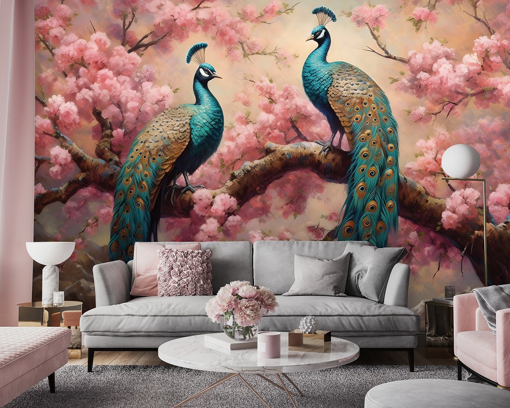 Флизелиновые фотообои птицы 520x318 см Пара синих золотых павлинов на фоне розовых цветов (14722VEXXXXXL) +клей