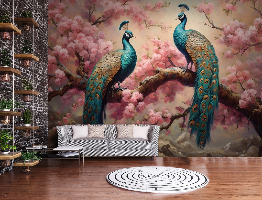 Флізелінові фотошпалери птиці 460x300 см Пара сині золоті павичі на тлі рожевих квітів (14722V12) +клей