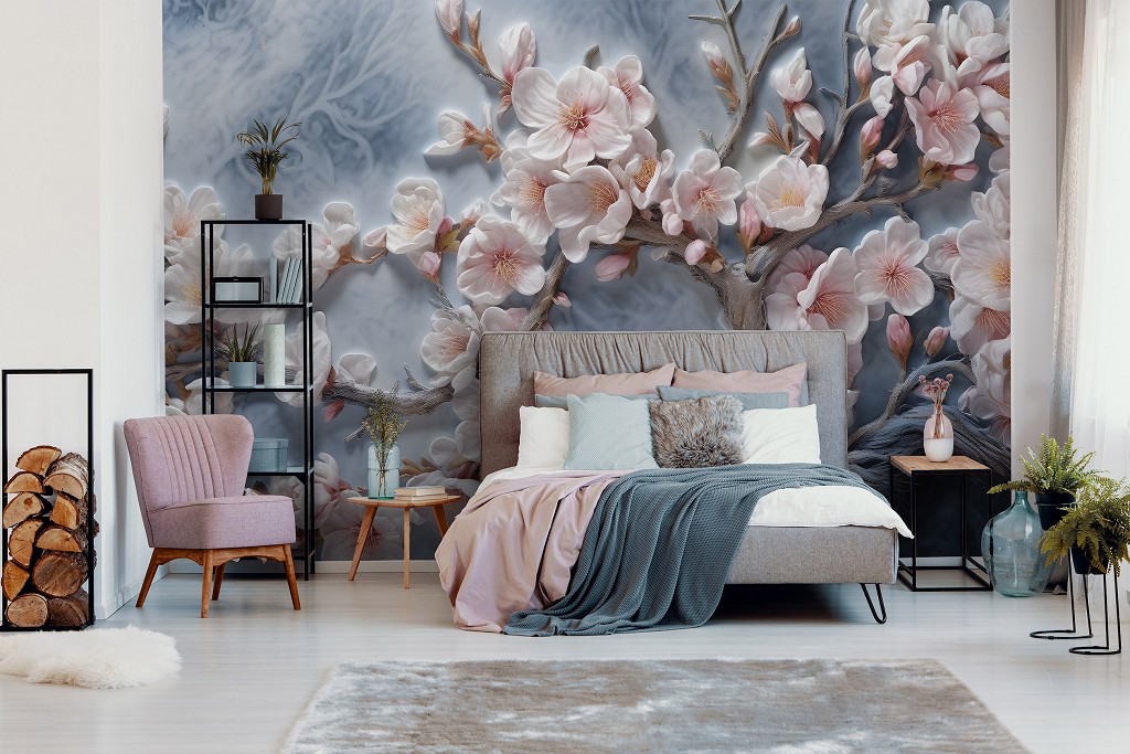 Флізелінові 3д фотошпалери на стіну 368x254 см Гілка усіяна світло рожевими квітами на сірий фон (14754V8) +клей