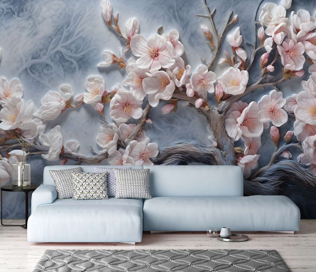 Флизелиновые 3д фотообои в интерьере 416x254 см Ветвь усеяна светло розовыми цветами на сером фоне (14754VEXXXL) +клей
