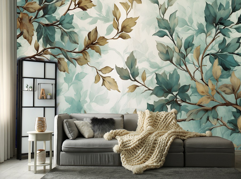 Флізелінові фотошпалери листя на стіні 368x254 см Гілки жовтих та зелених відтінків на світлому фоні (14756V8) +клей