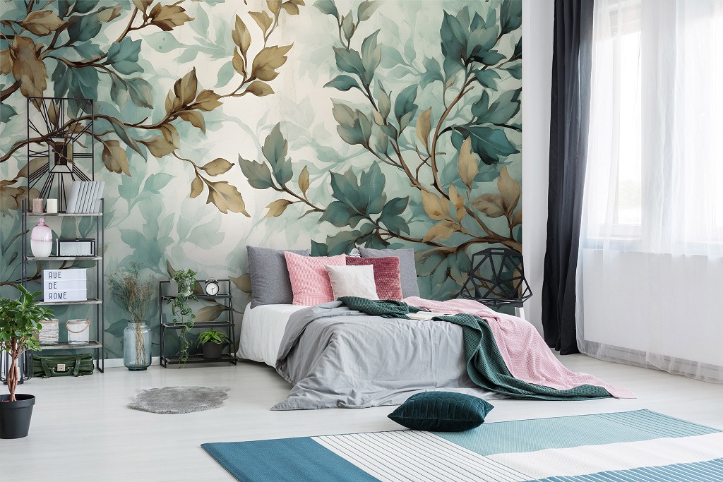 Флізелінові фотошпалери з листя на стіні 312x219 см Гілки жовтих та зелених відтінків на світлому фоні (14756VEXXL) +клей