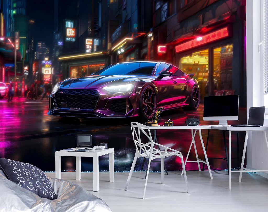 Флізелінові 3д дитячі фотошпалери для хлопчика 460x300 см Спортивна машина у рожевих відтінках нічного міста (14757V12) +клей