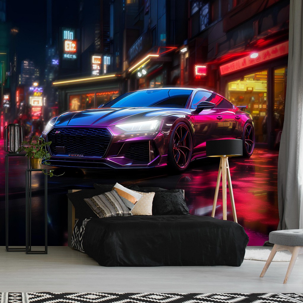 Флизелиновые 3д детские фотообои для мальчика 368x254 см Спортивная машина в ночном городе (14757V8) +клей