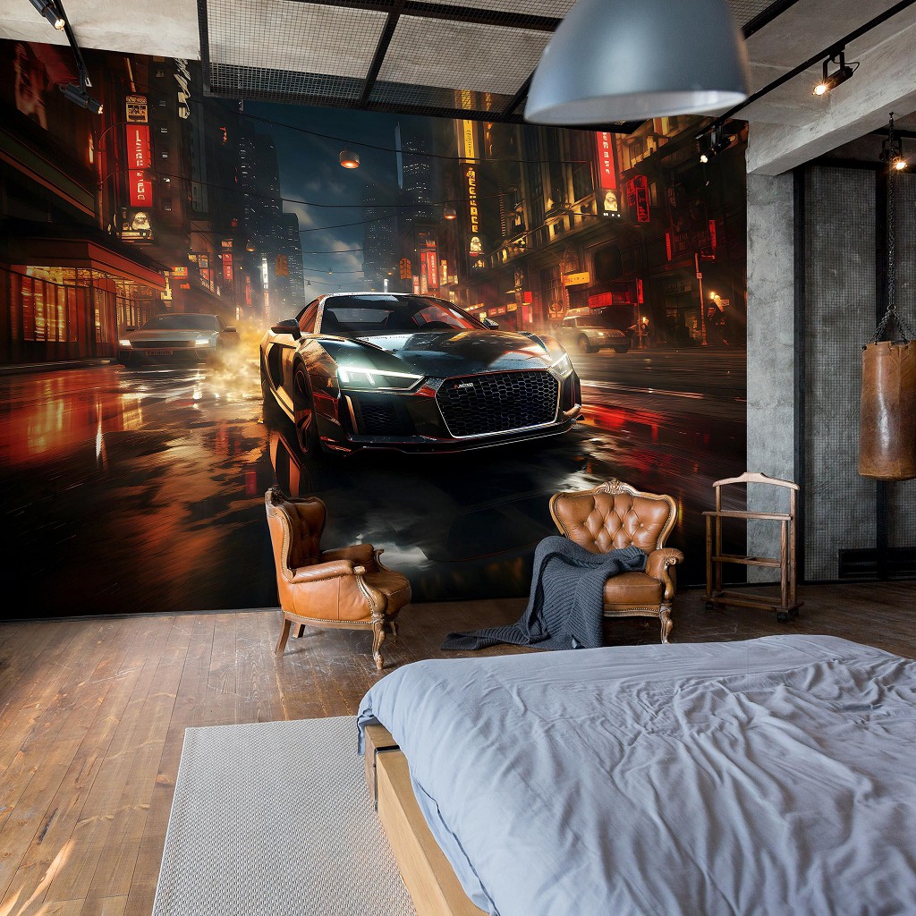 Флизелиновые 3д детские фотообои для мальчика 254x184 см Черная машина в ночном городе (14758V4) +клей