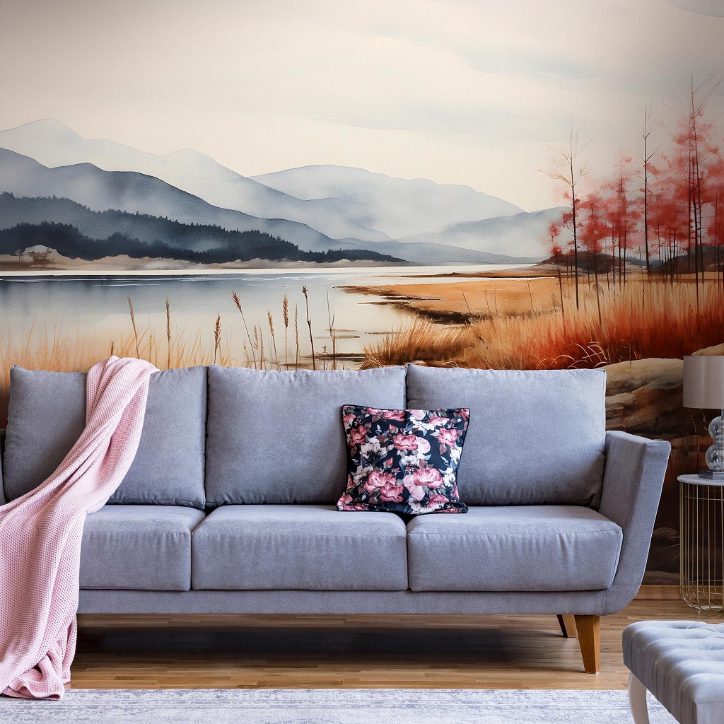 Флізелінові фотошпалери мистецтво живопис 368x280 см Осінній пейзаж біля річки в мальованому стилі (14759V10) +клей