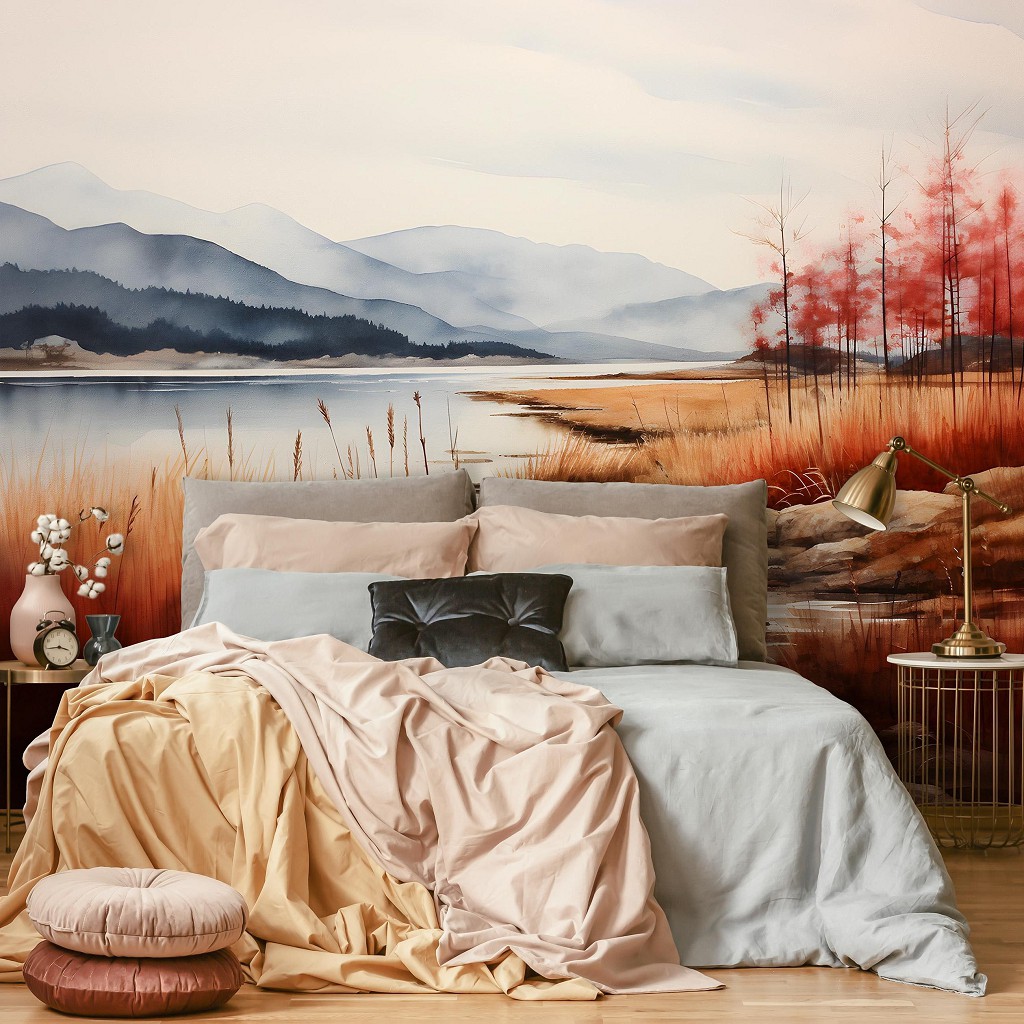 Флізелінові фотошпалери мистецтво живопис 312x219 см Осінній пейзаж біля річки в мальованому стилі (14759VEXXL) +клей