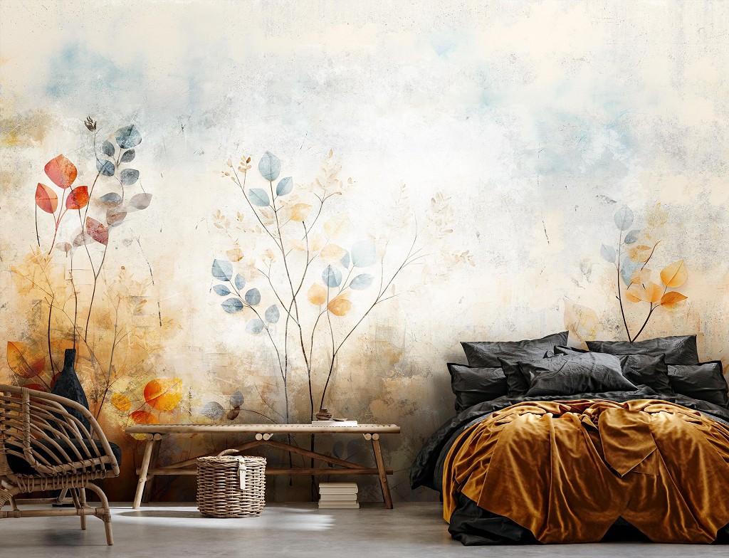 Флизелиновые фотообои 416x254 см Листья желтый синий оттенок на сером фоне (14760VEXXXL) +клей