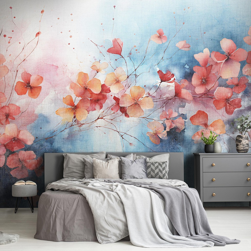 Флизелиновые фотообои в стиле модерн 520x318 см Ветвь усеяна красно-желтыми цветками на синем фоне (14763VEXXXXXL) +клей