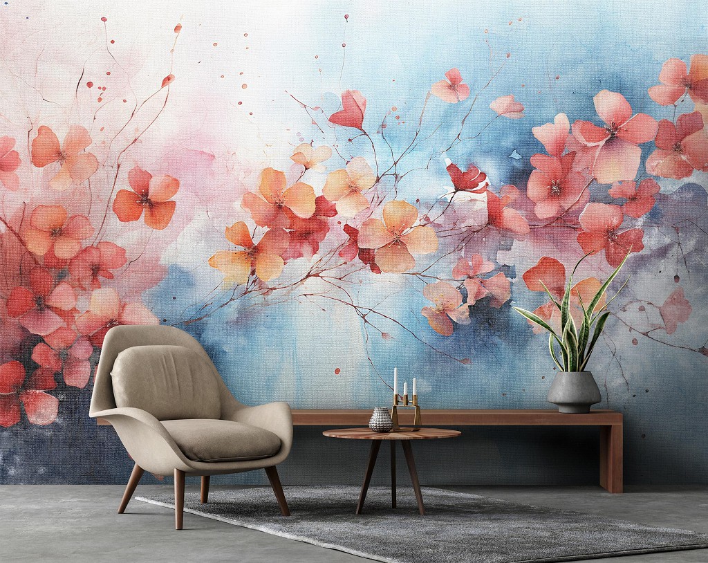 Флізелінові фотошпалери 312x219 см Гілка усіяна червоно-жовтими квітками на блакитному тлі (14763VEXXL) +клей