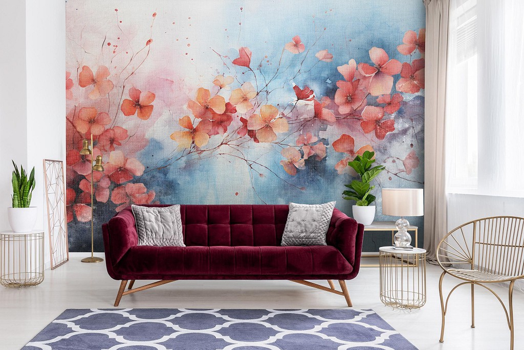 Рослинні флізелінові фотошпалери 416x254 см Гілка усіяна червоно-жовтими квітками на блакитному тлі (14763VEXXXL) +клей