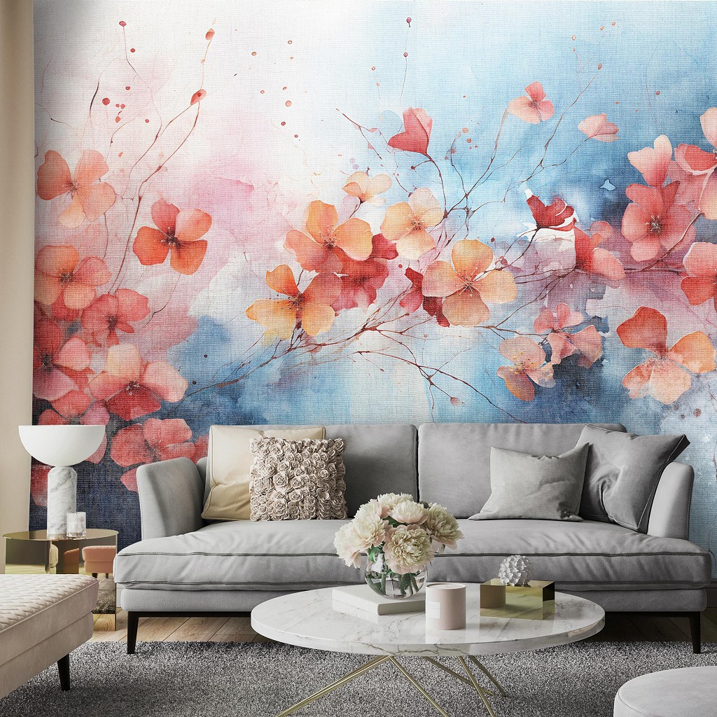 Світлі флізелінові фотошпалери 416x290 см Гілка усіяна червоно-жовтими квітками на блакитному тлі (14763VEXXXXL) +клей