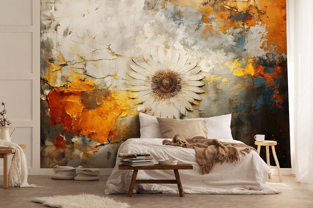 Абстрактні флізелінові фотошпалери 416x254 см Вінтажна квітка на різнокольоровому фоні під бетоном (14764VEXXXL) +клей