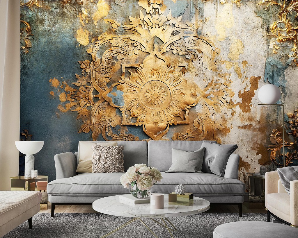Флизелиновые фотообои в спальню над кроватью 460x300 см Золотая мандала на бетонной стене под барельефом (14766V12) +клей