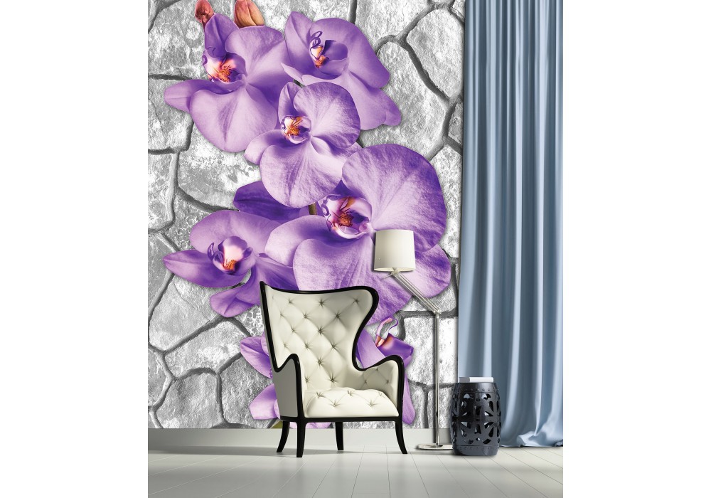 Спальня флизелиновые фотообои 184x254 см 3Д Фиолетовые орхидеи на каменной стене (1606V4A)+клей