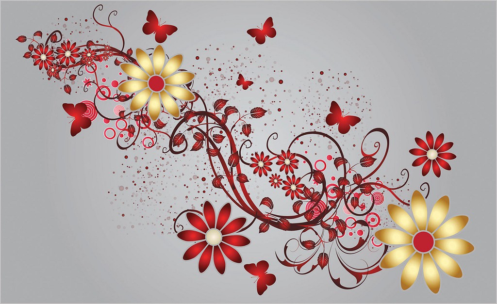 Флизелиновые фотообои для спальни 416x254 см Цветы и бабочки на сером фоне (1641VEXXXL)+клей