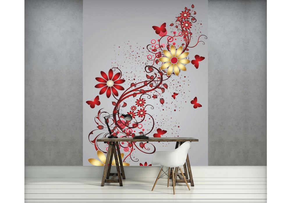 Флизелиновые фотообои красивые 184x254 см Цветы и бабочки на сером фоне (1641V4A)+клей