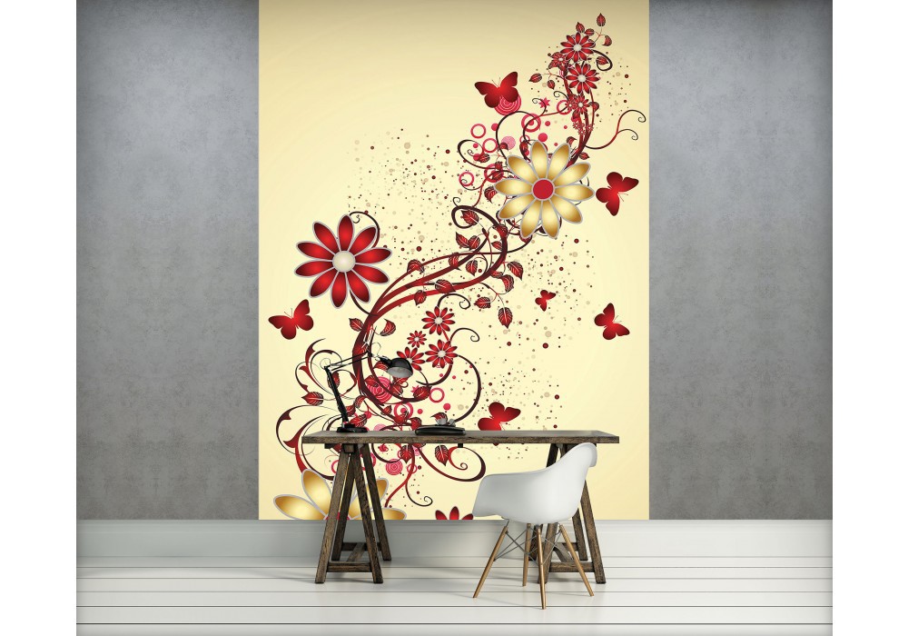 Флизелиновые фотообои для кухни 184x254 см Цветы и бабочки на желтом фоне (1642V4A)+клей