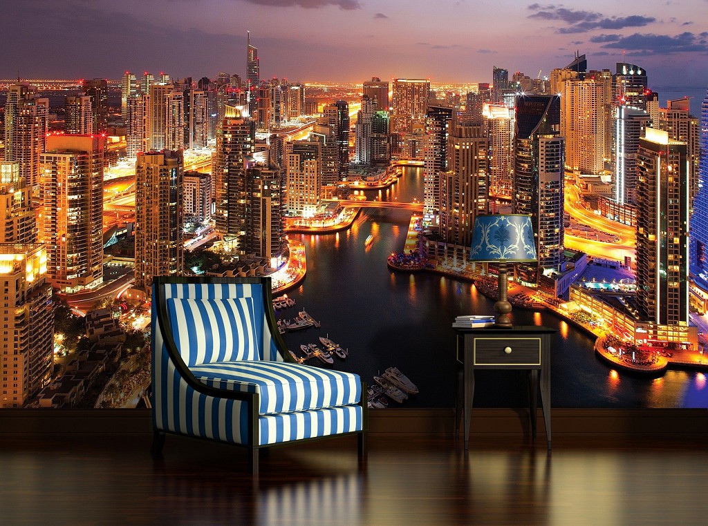 Комната с флизелиновыми 3D фотообоями 368x254 см Небоскребы ночного города Дубаи (1671V8)+клей