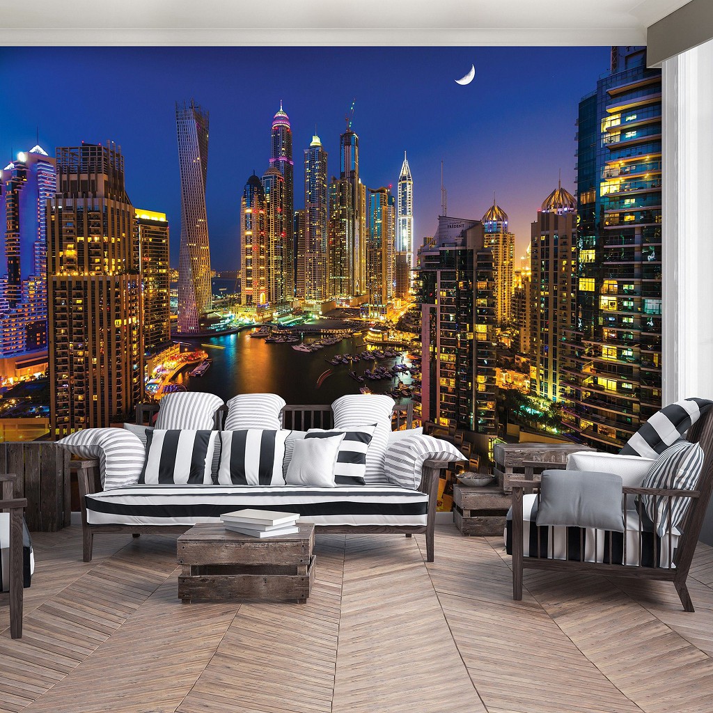 Фотообои 3D вид на город 368х254 см Небоскребы Дубая ночью (1672P8)+клей