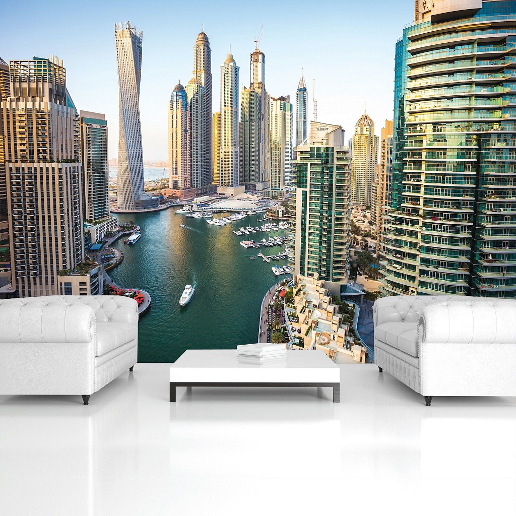 Флизелиновые фотообои город в интерьере кухни 312x219 см 3Д Залив с небоскребами в городе Дубай (1673VEXXL)+клей