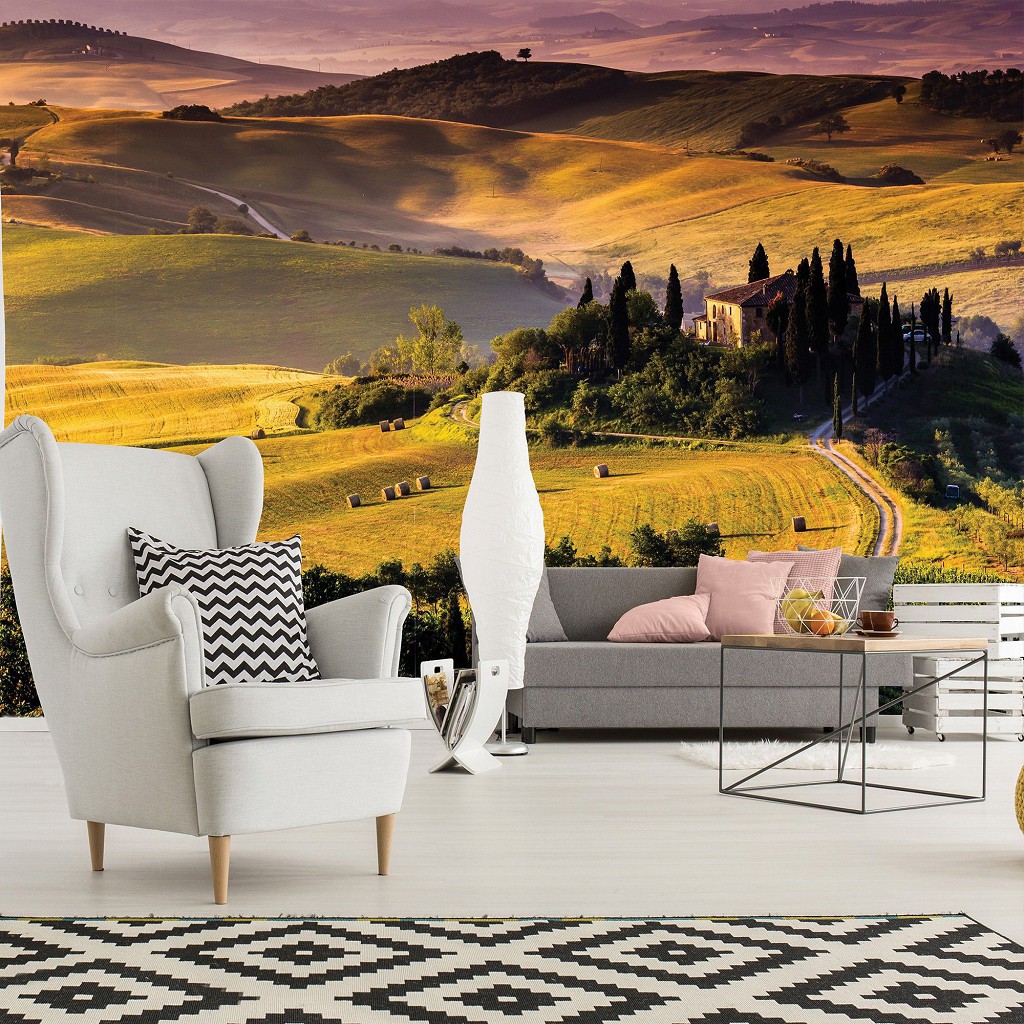 3d флізелінові фотошпалери природи 312x219 см Пейзаж Пагорби Луг Ліс Ландшафт Тоскани (169VEXXL)+клей