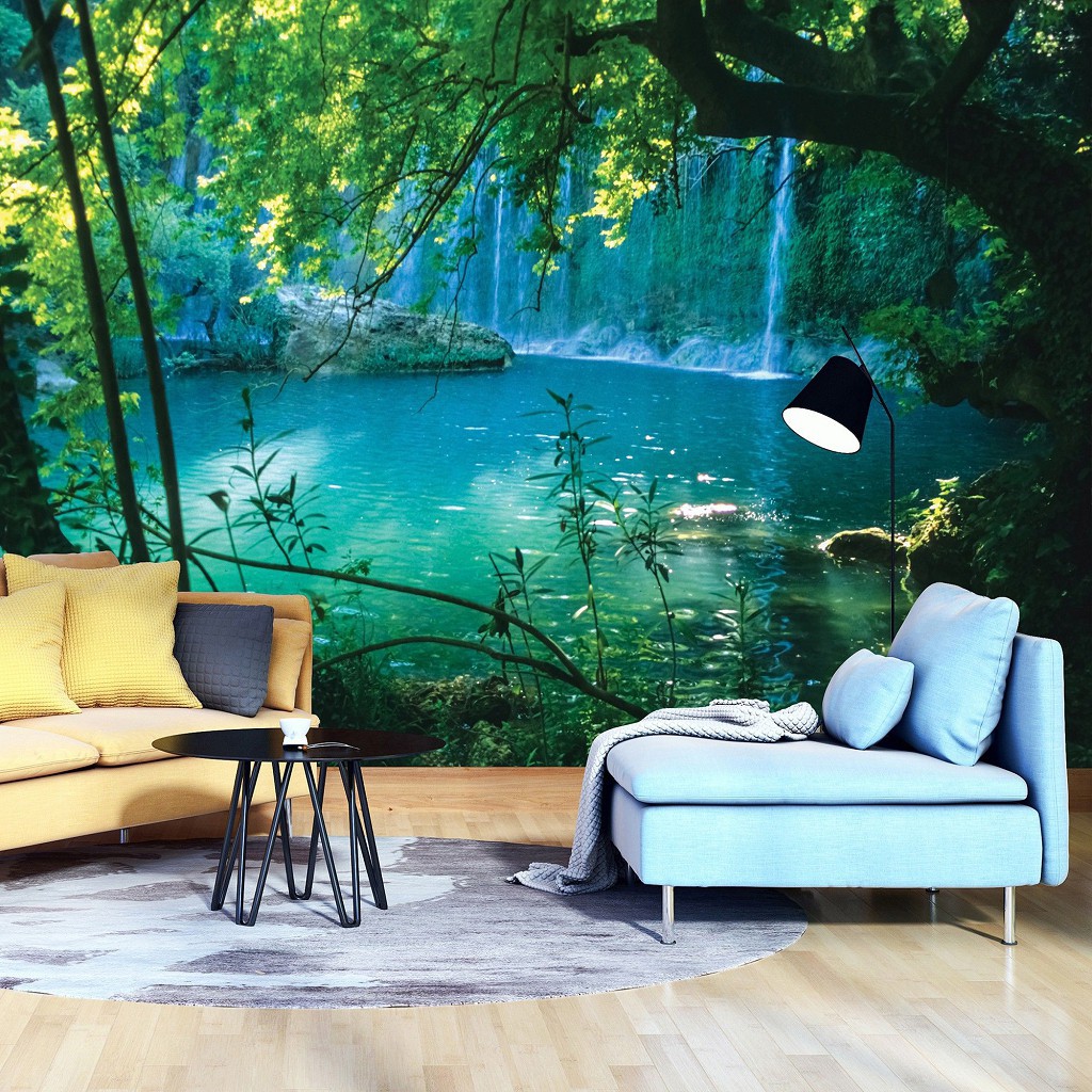 Флізелінові фотошпалери 368x254 см Краєвид Водоспад Природа Таємниче бірюзове озеро (1783V8)+клей