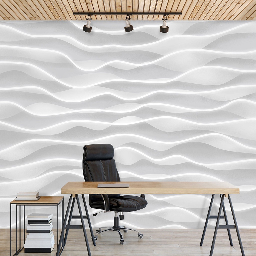 Флизелиновые фотообои абстракция в интерьере 254x184 см 3Д Белые волны на стене (1835V4)+клей