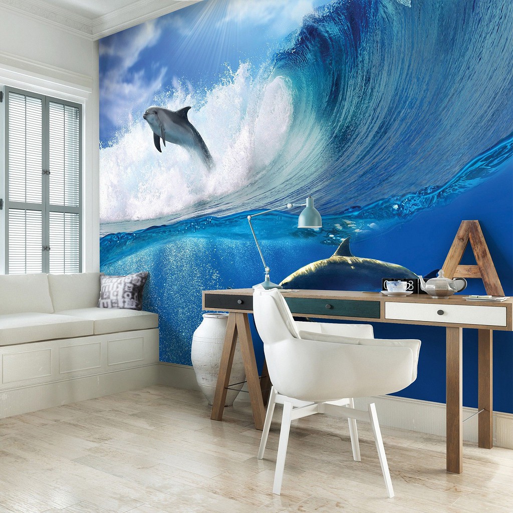 Флизелиновые фотообои с природой 312x219 см 3Д Дельфины и волны океана (188VEXXL)+клей