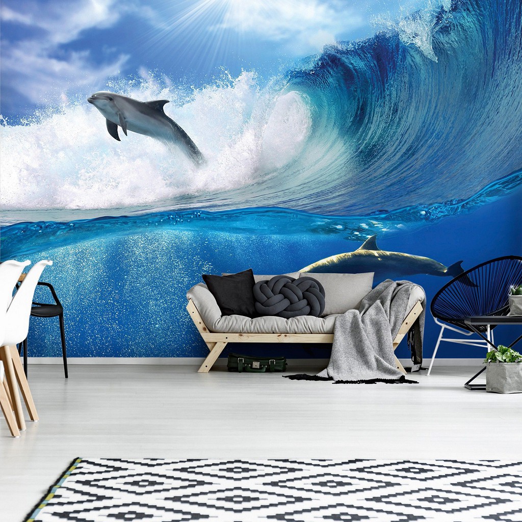 Флизелиновые фотообои с природой 416x254 см 3Д Дельфины и волны океана (188VEXXXL)+клей