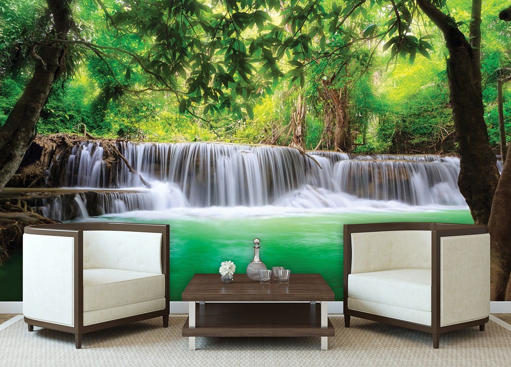 Флизелиновые фотообои 416x254 см 3D Пейзаж Природа Лес Зелень Волшебный водопад (1966VEXXXL)+клей
