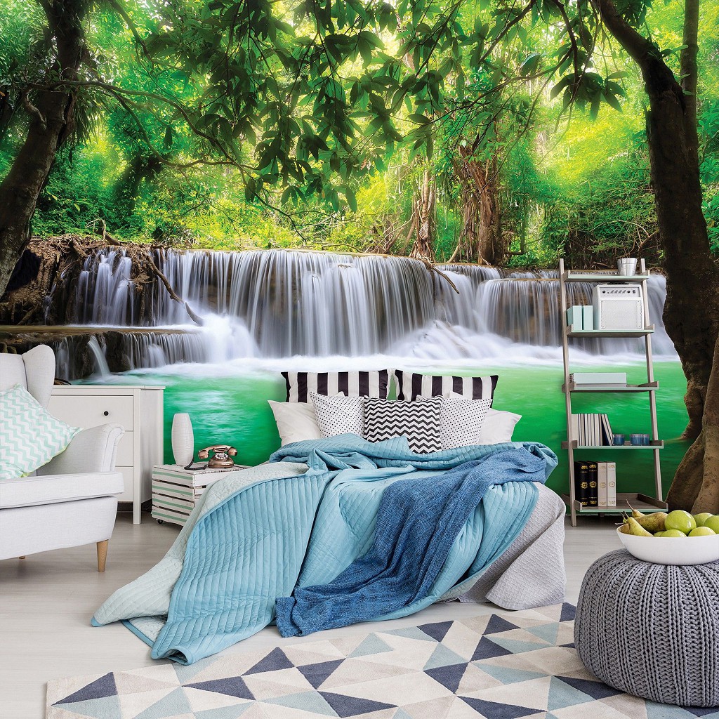 Флизелиновые фото обои красивая природа 254x184 см 3D Пейзаж Лес Зелень Волшебный водопад (1966V4)+клей