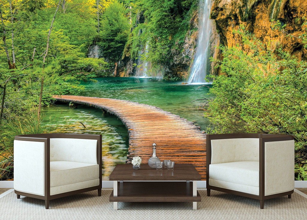 Популярные флизелиновые фотообои 368x254 см 3D Пейзаж Природа Деревянная пешеходная дорожка и водопад (1967V8)+клей