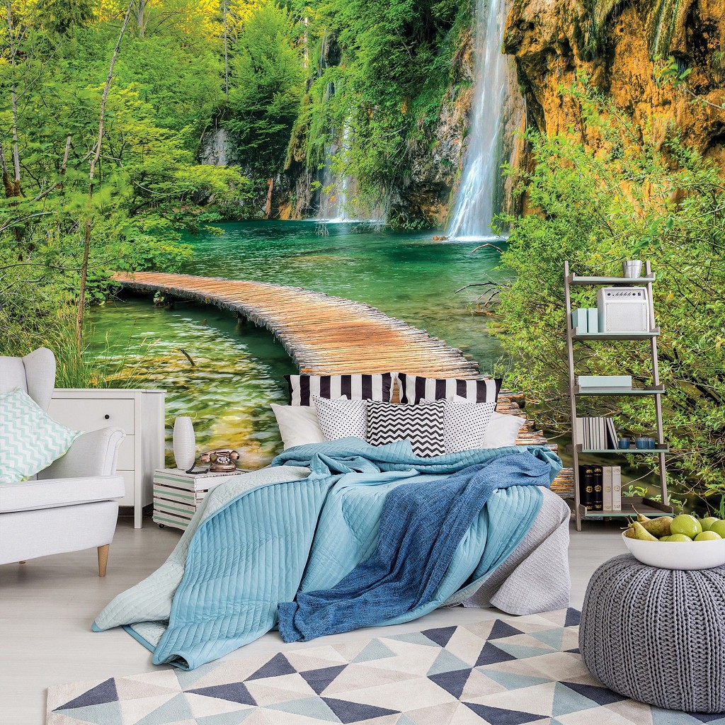 Флизелиновые фотообои 312x219 см 3D Пейзаж Природа Деревянная пешеходная дорожка около водопада (1967VEXXL)+клей