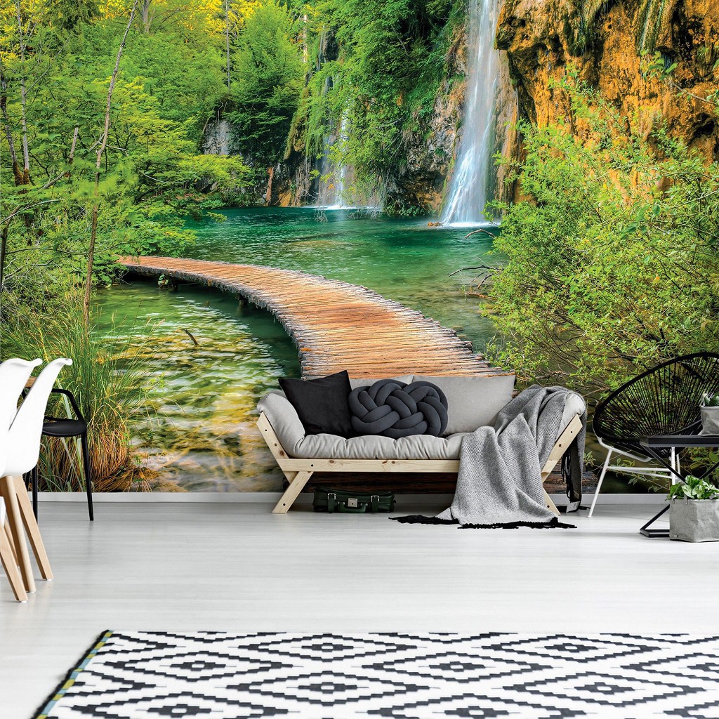 3д флизелиновые фотообои природа 416x254 см Пейзаж Деревянная пешеходная дорожка около водопада (1967VEXXXL)+клей