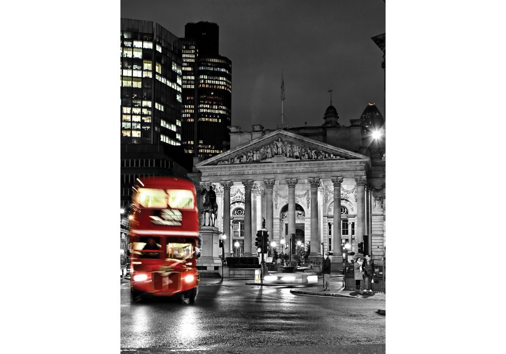 Флизелиновые фотообои город 184x254 см Черно-белый Лондон и красный двухэтажный автобус (196V4A)+клей