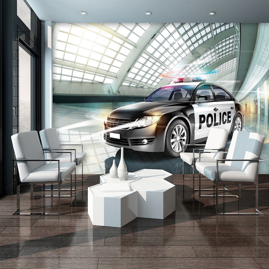 Флизелиновые фотообои на кухню 254x184 см 3Д Транспорт Автомобиль Полицейская машина в салоне (1975V4)+клей