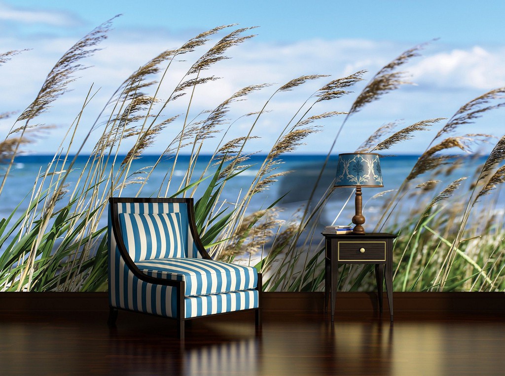 Флизелиновые фотообои 3д природа 368x254 см Ландшафт Небо Облака Море Трава на пляже (1976V8)+клей