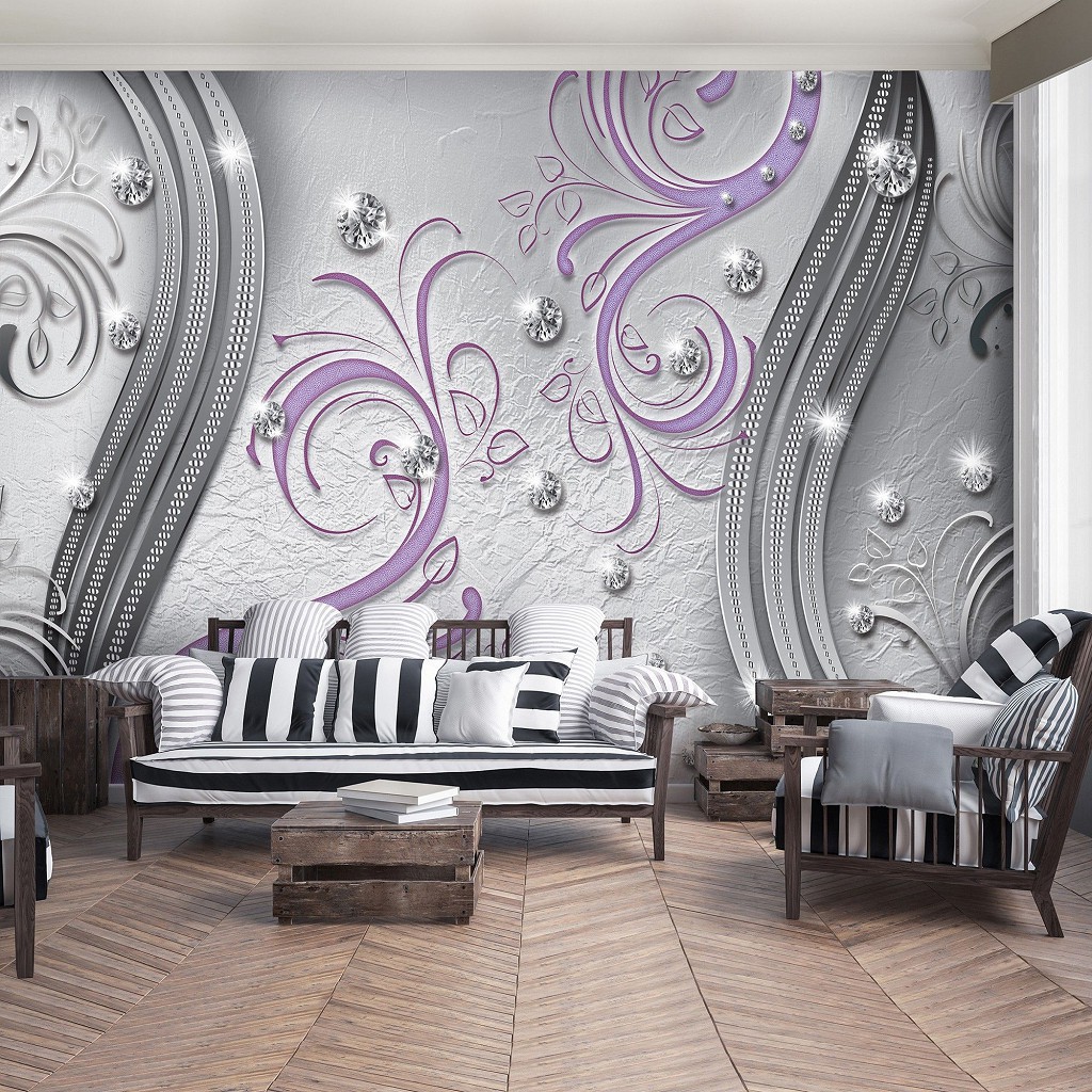 Флізелінові фотошпалери абстракції в інтер'єрі 254x184 см Діаманти та фіолетові вензелі (2043V4)+клей