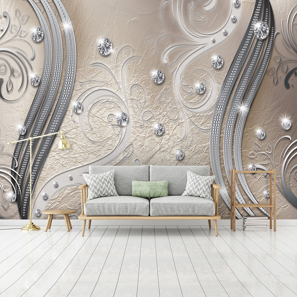 Фотообои флизелиновые 368х254 см Бриллианты и серебряные вензеля на серо-бежевом фоне (2046V8)+клей