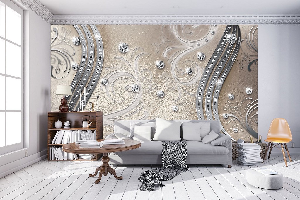 Фотообои флизелиновые 312x219 см Бриллианты и серебряные вензеля на серо-бежевом фоне (2046VEXXL)+клей