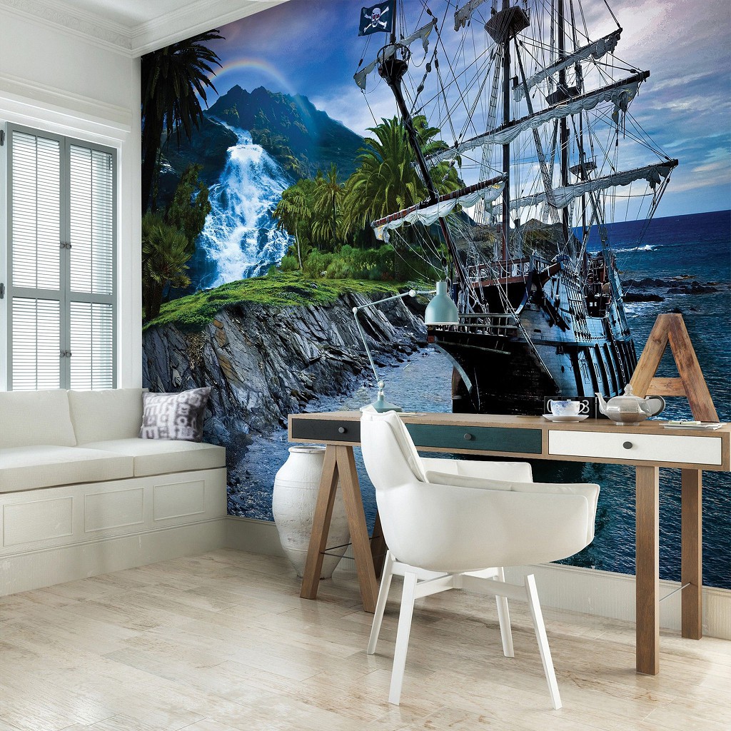 Флизелиновые фотообои парусные яхты 312x219 см 3Д Детские для мальчиков Пиратский корабль и клад (2051VEXXL)+клей