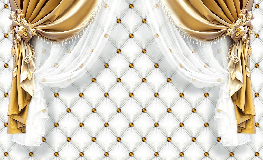 Флізелінові фотошпалери в стилі модерн 416x290 см Золоті штори та білий стьобаний візерунок (20545VEXXXXL) +клей