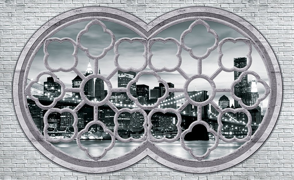 Красивые флизелиновые фотообои на кухню 416x254 см Вид из окна на город Нью-Йорк (2059VEXXXL)+клей