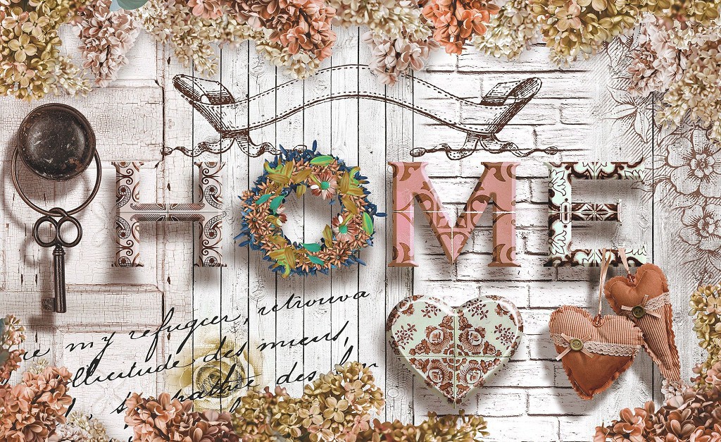 Флізелінові фотошпалери 416x290 см Напис ДІМ серця і коричневий бузок (20761VEXXXXL) +клей