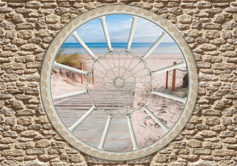 Флізелінові 3д фотошпалери природа 368x254 см Вид на пляж з круглого вікна (2091V8) +клей