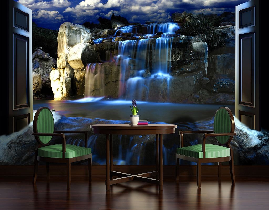 Флизелиновые фото обои 368х254 см 3Д Синий водопад среди скал и дверей (2114V8)+клей